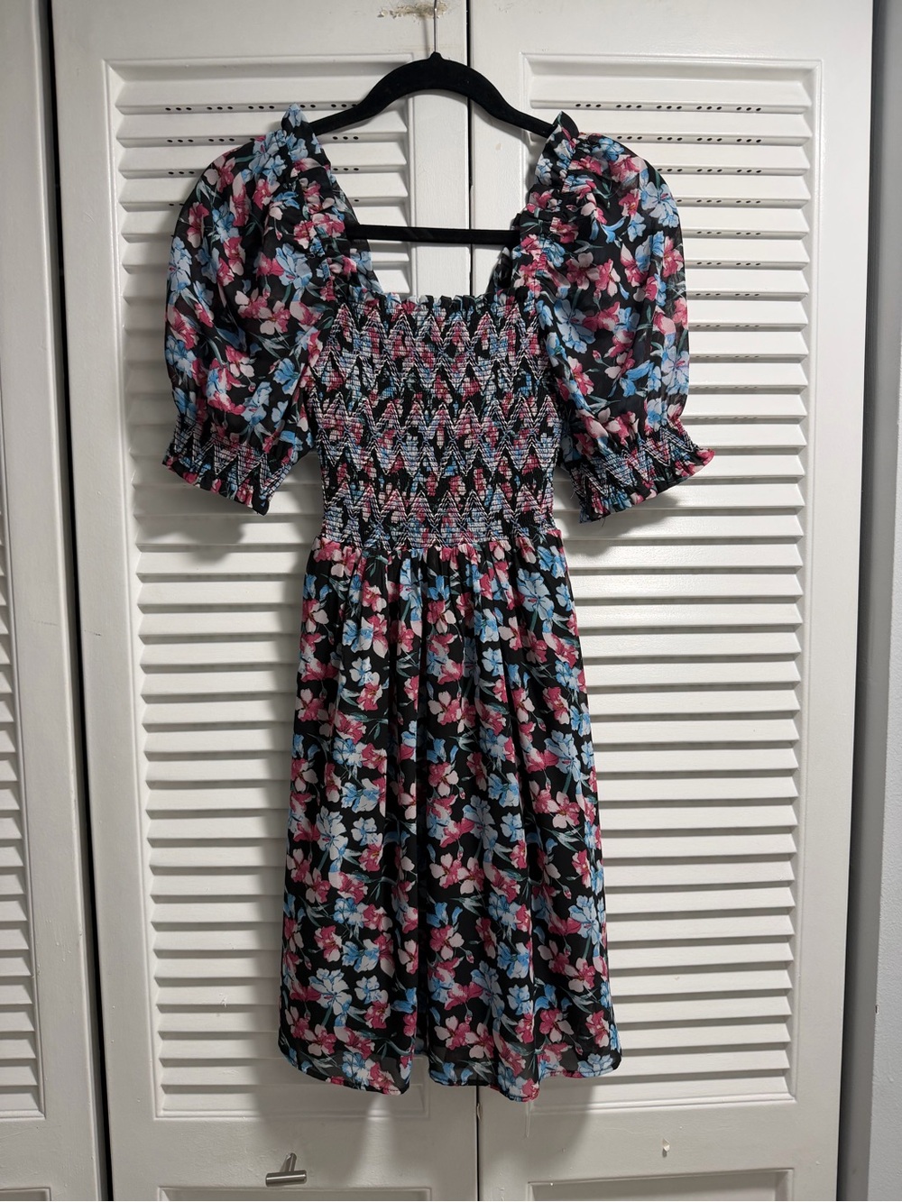 Allison New York Smocked Puffed Sleeve Floral Black, Blue And Pink Midi Dress